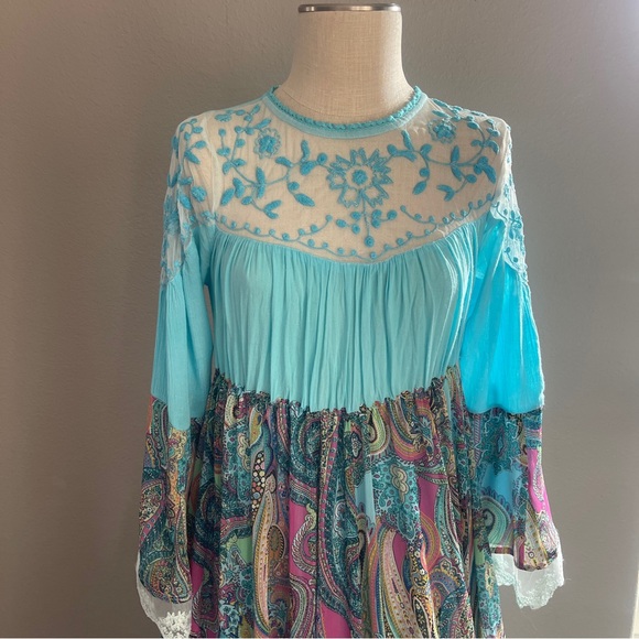 Upcycled Turquoise Boho Maxi Dress with LacyTop & Paisley Ruffled Skirt, Size M - Picture 10 of 11
